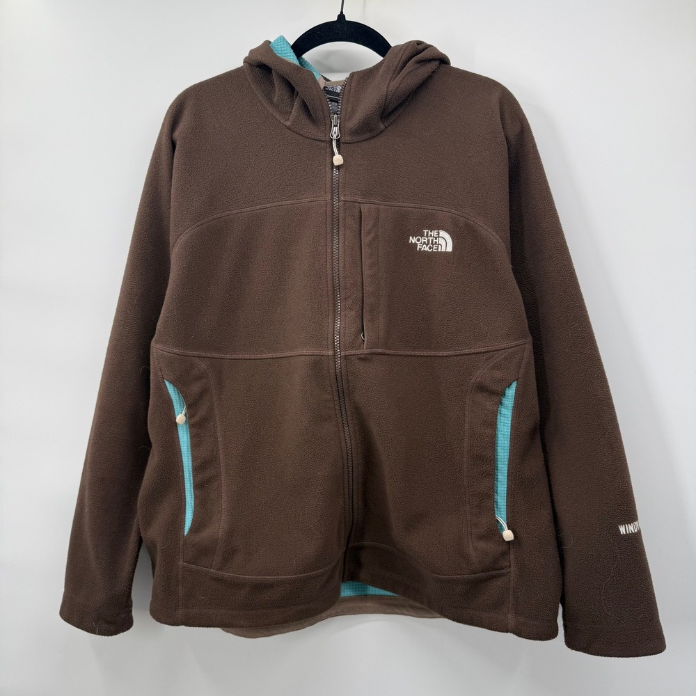 The North Face Womens XL Fleece Jacket Brown Windwall Full Zip Hoodie Turquoise